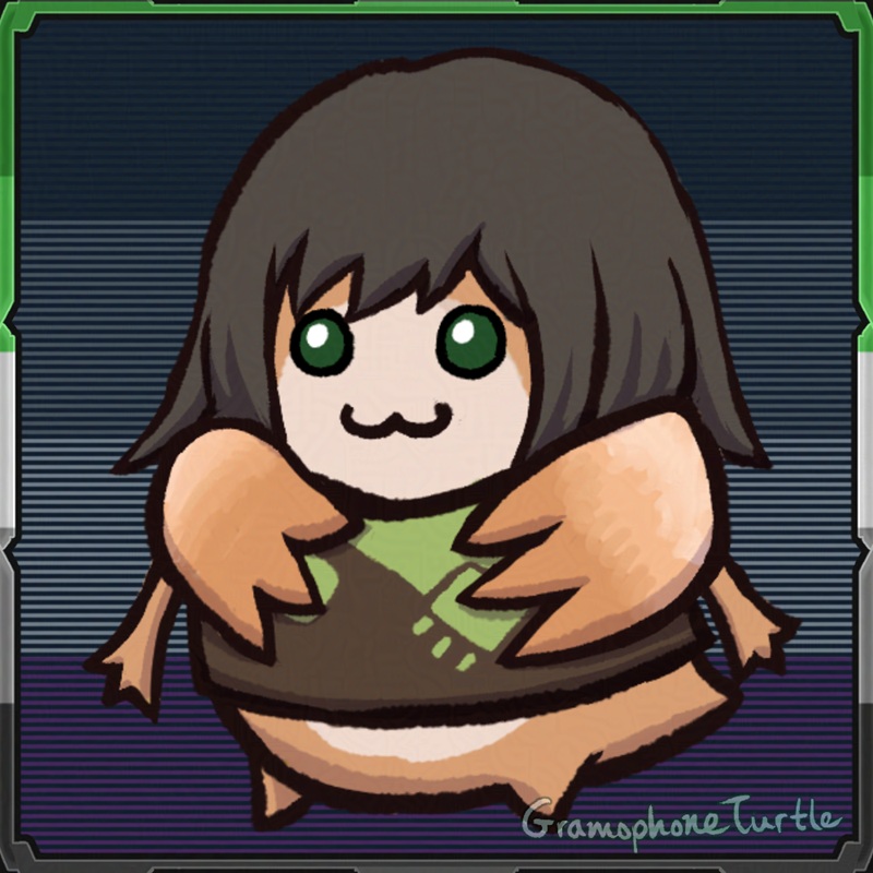 Digital art of a Nopon dressed like my Cross, Sera, from Xenoblade X, with long dark hair and a brown and green shirt. The scan lines in the background are the ace flag, and the borders are aro flag coloured.