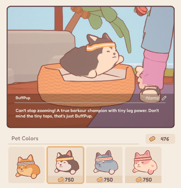 BuffPup, the dog that loves to exercise! This pet comes in orange, black and white, blue and white with pink hearts!