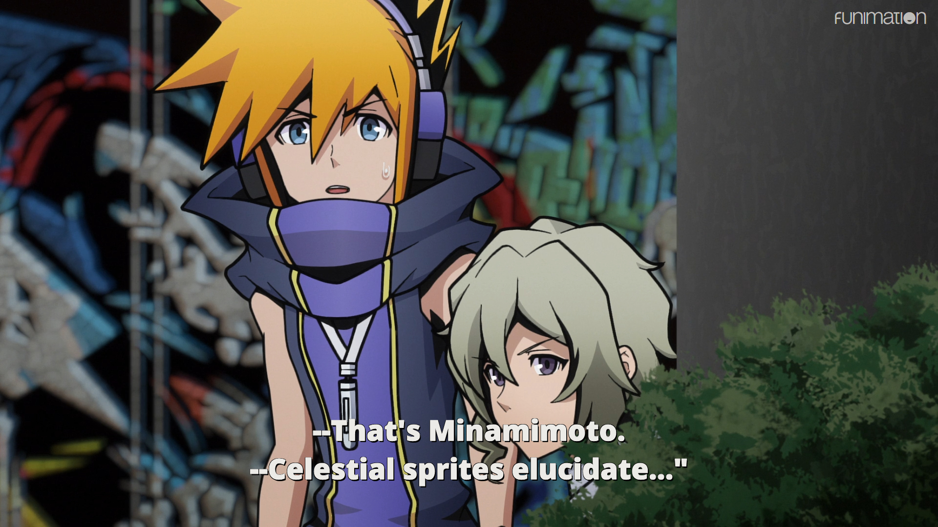 Neku and Joshua listen to Minamimoto saying, Celestial sprites elucidate...