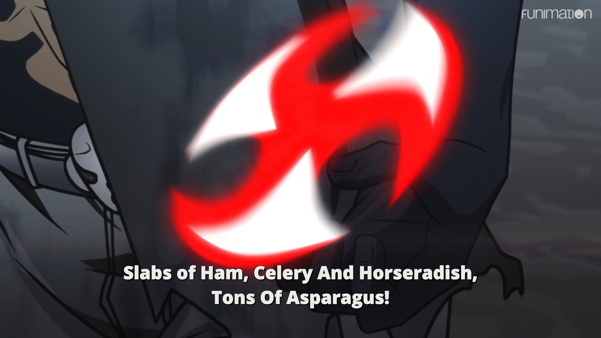 Minamimoto from episode 10 saying Slabs of Ham, Celery And Horseradish, Tons Of Asparagus!