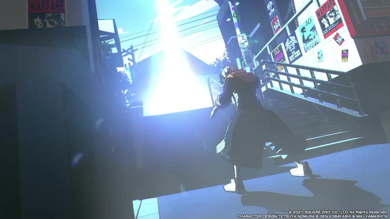 Rindo from NEO: The World Ends With You, covering his eyes from a bright column of light when Hazuki Mikagi leaves to presumably go back to a higher plane.