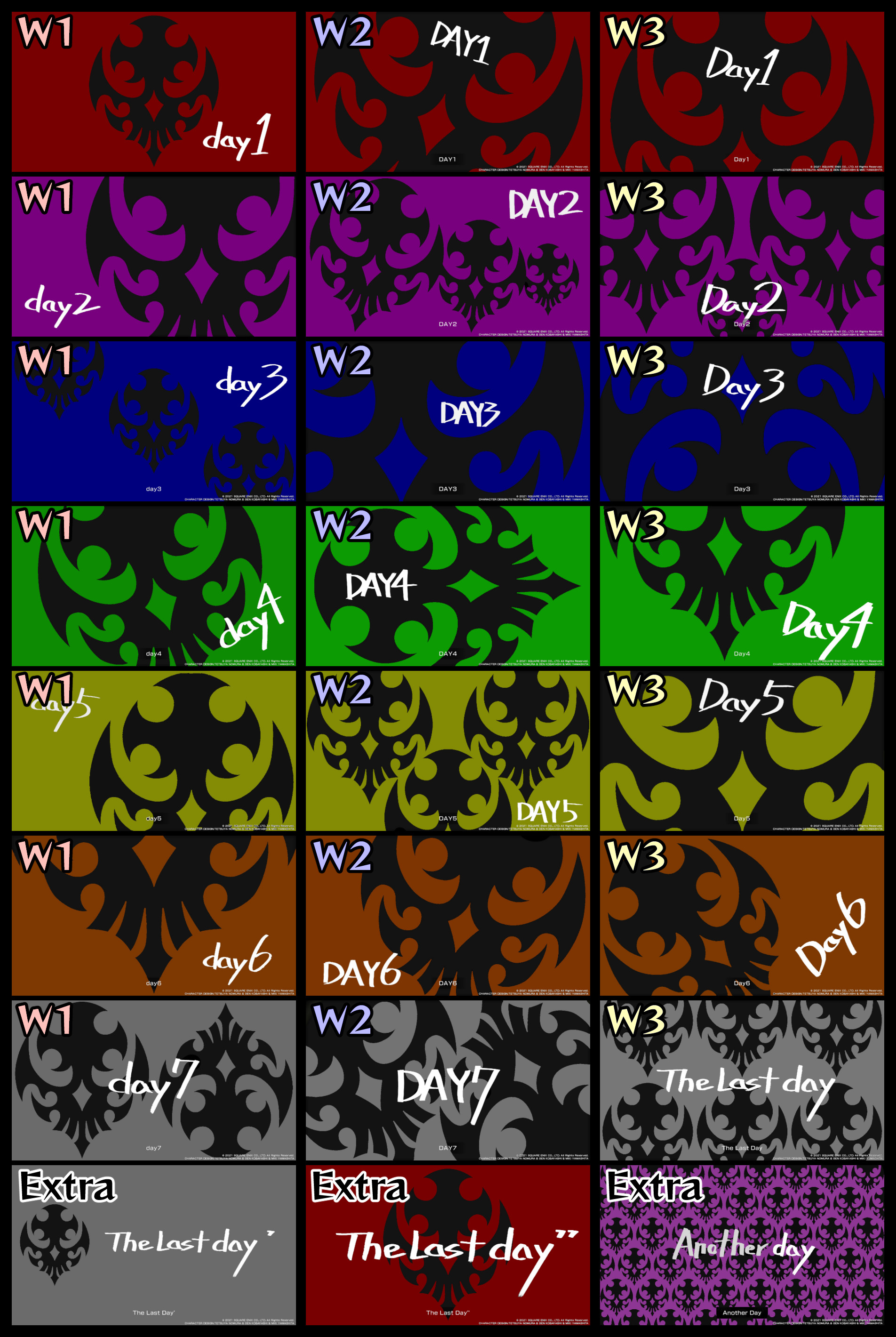 A 3 by 8 grid of each of the opening screens for each day in NTWEWY. The last row contains the extra 7', 7'' and Another Day screens, and column 1 is week 1, column 2 is week 2 and column 3 is week 3. The days start ay day 1 at the top and go down to day 7. Day 1s are red, day 2s are purple, day 3 blue, day 4 green, day 5 yellow, day 6 grey. Day 7' is grey, Day '' is red and Another Day is purple. The Week numbers are places at the top left corner of each day screen.