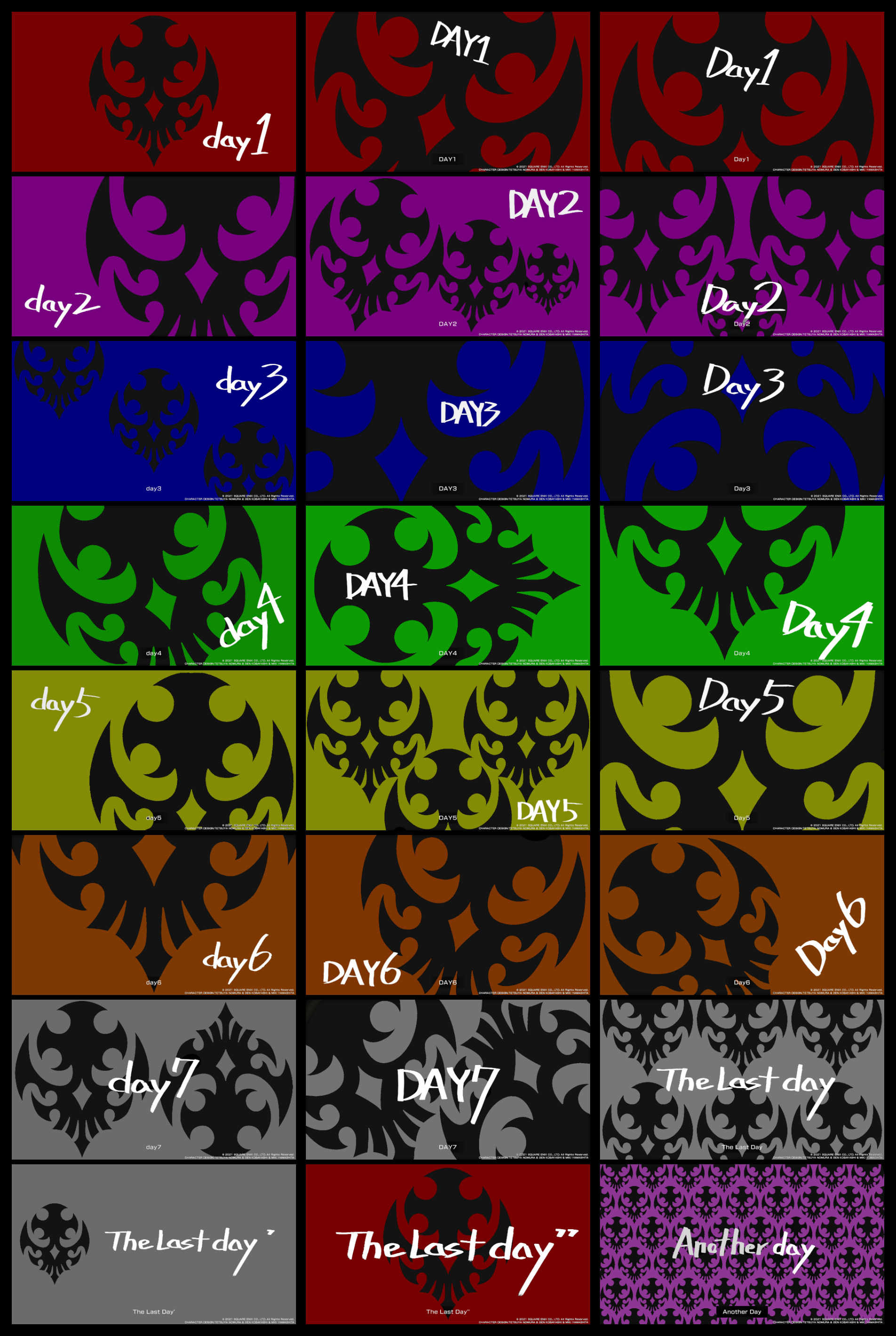 A 3 by 8 grid of each of the opening screens for each day in NTWEWY. The last row contains the extra 7', 7'' and Another Day screens, and column 1 is week 1, column 2 is week 2 and column 3 is week 3. The days start ay day 1 at the top and go down to day 7. Day 1s are red, day 2s are purple, day 3 blue, day 4 green, day 5 yellow, day 6 grey. Day 7' is grey, Day '' is red and Another Day is purple.