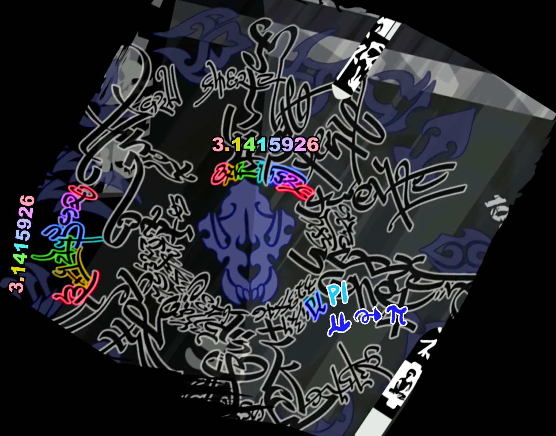 The Taboo Noise Refinery Sigil seen from above with some of the beginning digits of pi highlighted in rainbow and written out.