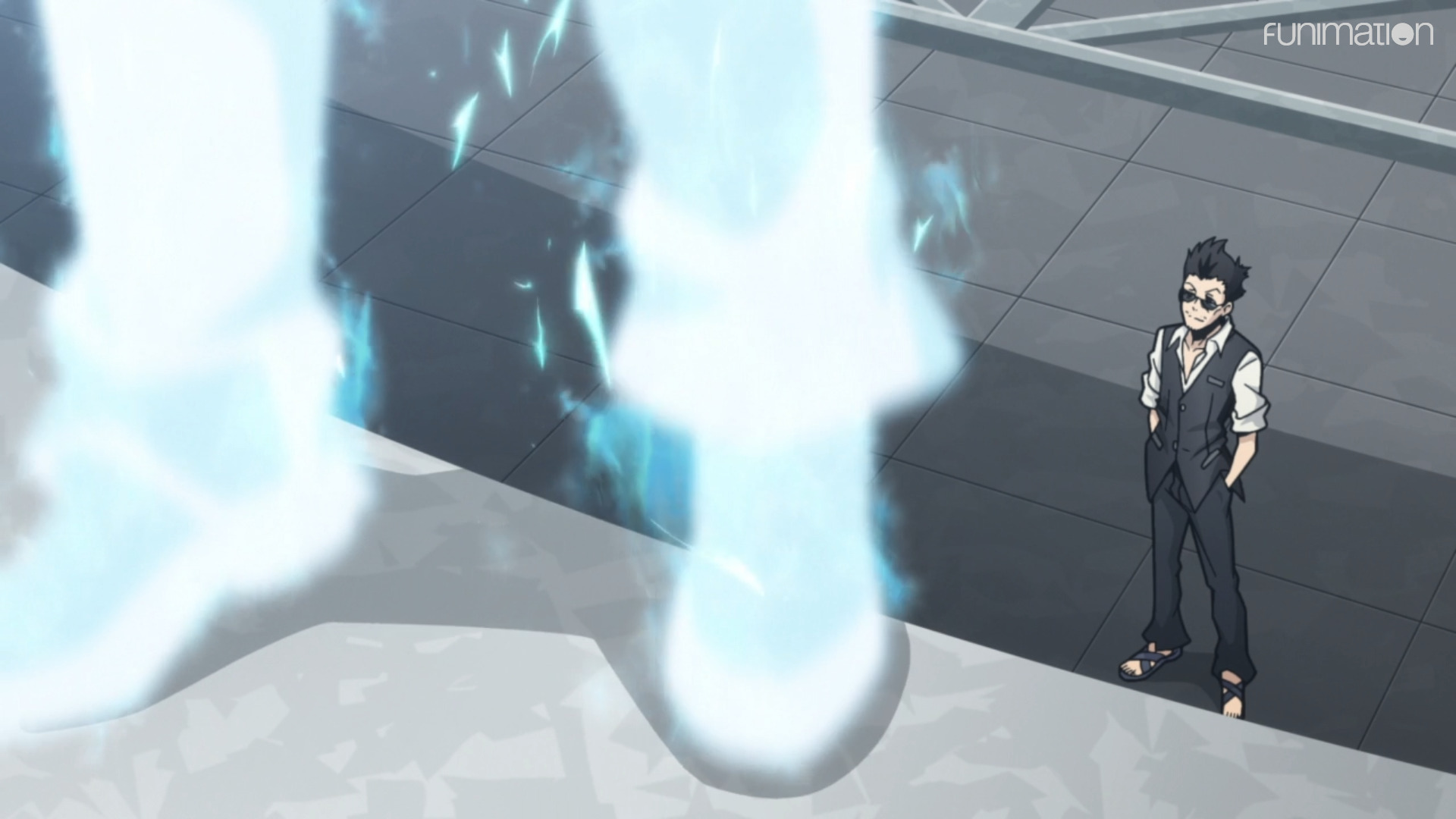 The Composer and Hanekoma from The World Ends With You: The Animation. Hanekoma watches the Composer rise up from the building.