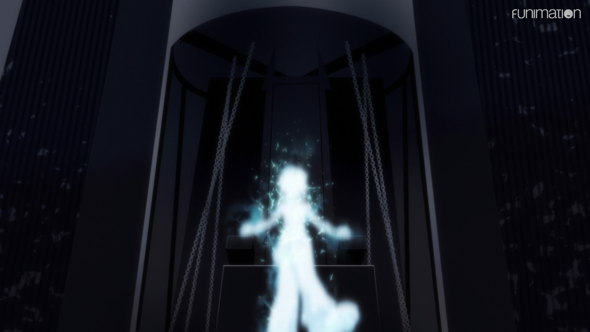 The Composer from The World Ends With You: the Animation, sitting on his throne in the Room of Reckoning. His glowing and blurry form obscures his identity and features.